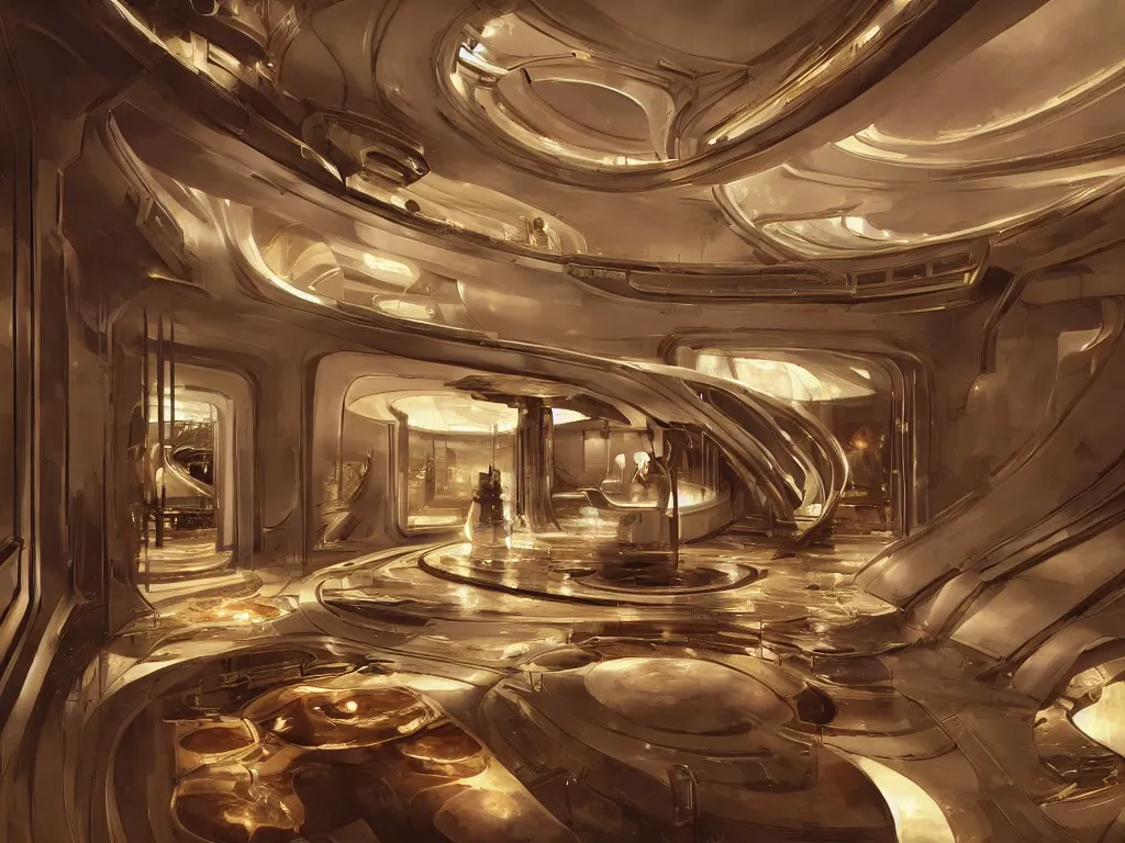 Prompt: a beautiful view of the elegant interior of an exclusive luxury starship hotel. art by alejandro burdisio and markus vogt and james paick, science fiction, interior design, set design, concept art, hyperrealism