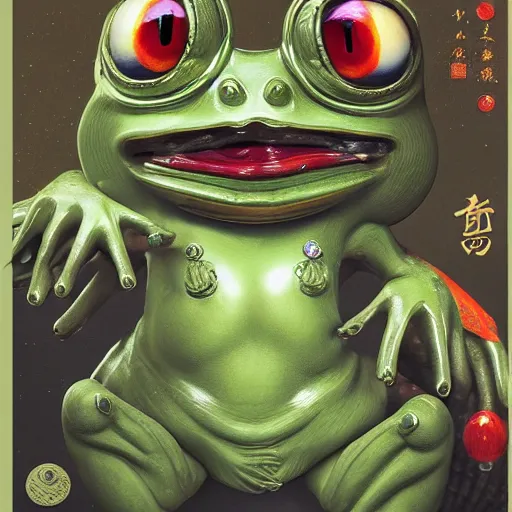 Image similar to plasticine wet shiny angles, crystal, moonlit, mirrors, camera angled dramatically, realistic hyperdetailed design of pepe the frog meme, ferocious, chinese mythology, victo nga, fumo yoshitoshi, ren jing jeong, feifei ruan, peter mohrbacher, takato yamamoto