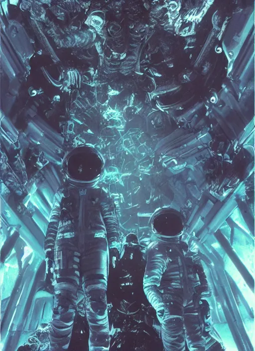 Image similar to astronauts in dark and empty void underwater - complex and hyperdetailed technical suit. reflection and dispersion materials. rays and dispersion of light. volumetric light. 5 0 mm, f / 3 2. noise film photo. flash photography. ultra realistic, wide angle. poster by wayne barlowe, hajime sorayama aaron horkey, craig mullins