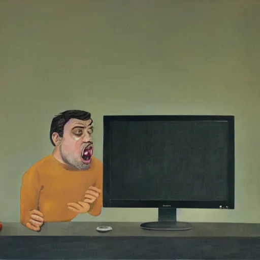 Image similar to an angry man screams at his computer monitor, oil on canvas, 1 9 6 7, highly detailed