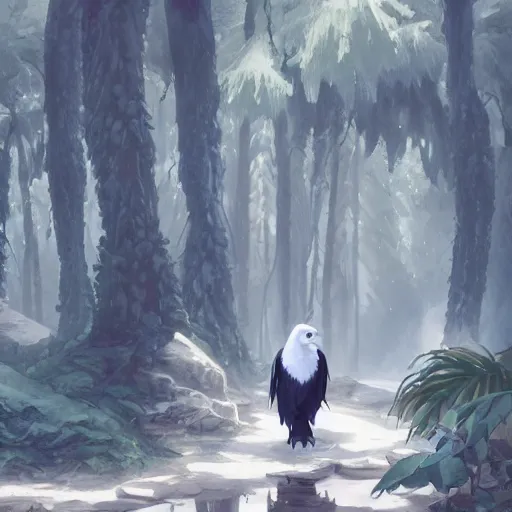 Image similar to concept art painting of an anthropomorphic humanoid white raven wearing dark blue robes, in the deep forest, realistic, detailed, cel shaded, in the style of makoto shinkai and greg rutkowski and james gurney