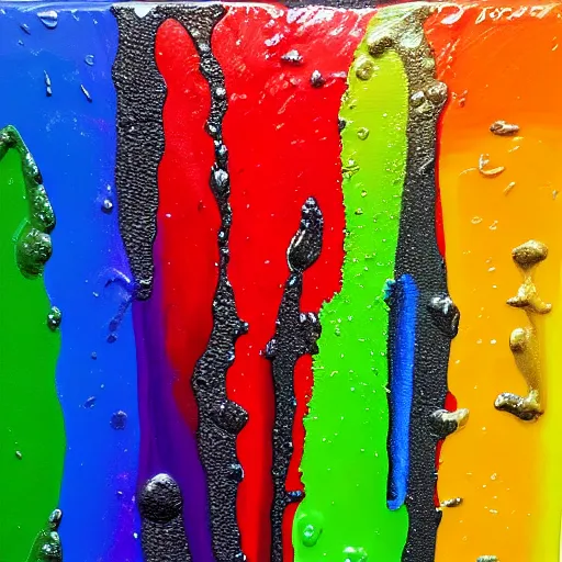Prompt: a pour painting, rainbow colors, abstract, thick paint, chunky paint, glossy, resin coated
