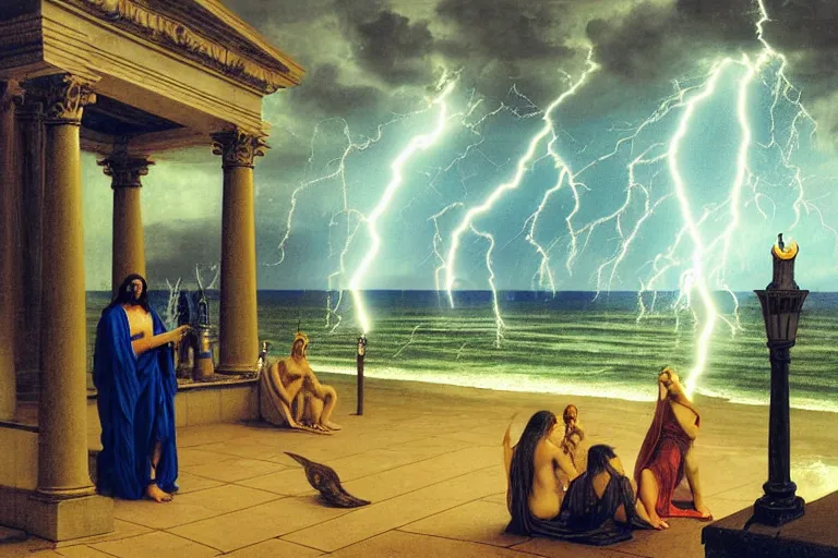 Image similar to Occult spirit on front of balustrade and palace columns, refracted lightnings on the ocean, thunderstorm, tarot cards characters, beach and Tropical vegetation on the background major arcana sky and occult symbols, by paul delaroche, hyperrealistic 4k uhd, award-winning, very detailed paradise