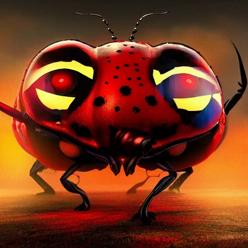 Prompt: high detail ladybug as a monster, fantasy art style, 4 k scary atmosphere, nightmare - like dream raytracing