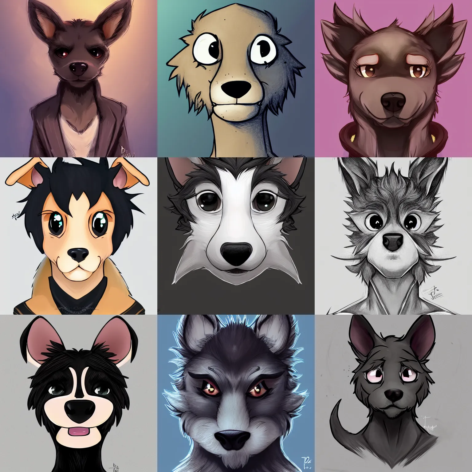 Prompt: 3/4 headshot of young male furry, D&D, cute, fantasy, intricate, short hair, black skin, dog face, dog nose, dog head, dog ears, black hair, elegant, highly detailed, cartoony, artstation, concept art, smooth, sharp focus, illustration, art by Diives