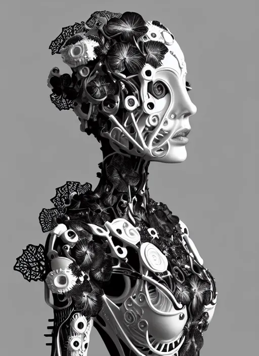 Prompt: black and white 3 d model, biomechanical female cyborg with porcelain profile face and a big floral eye, big leaves foliage and stems, morning glory flowers, hibiscus flowers, boho floral vines, sinuous fine roots, fine filigree foliage lace, alexander mcqueen, rim light, art nouveau fashion pearl embroidered, steampunk, redshift render, 8 k