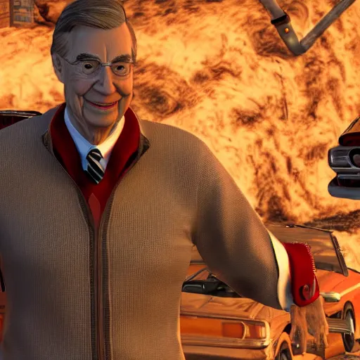 Image similar to wide shot of mr. rogers in the twisted metal video game, render, 8k, unreal engine