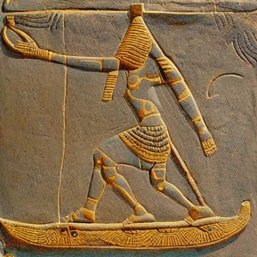 Image similar to an annunaki god on a skateboard, ancient mesopotamian artwork, very intricate, very detailed,