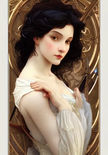 Prompt: snow white and apple, intricate, elegant, highly detailed, digital painting, artstation, concept art, smooth, sharp focus, illustration, art by artgerm and greg rutkowski and alphonse mucha and william - adolphe bouguereau