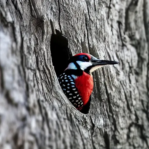 Prompt: 5 5 mm macro photo of a woodpecker inside a house in an oak tree, looking through the window. dof. bokeh. by artgerm, luis royo and jari peltomaki. highly detailed 8 k. intricate. lifelike. soft light. cinematic processing