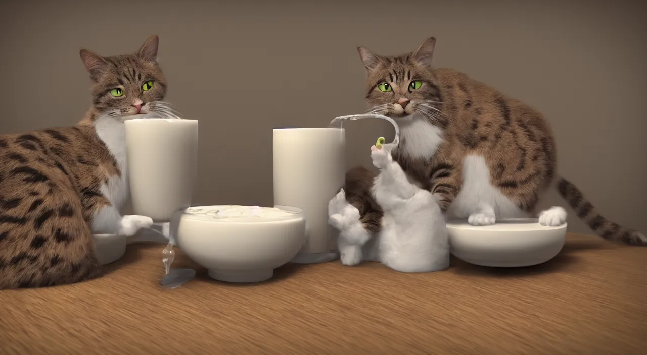 Prompt: a cat drinking milk in a bowl, next to the cat was a book, Pixar style, octane render