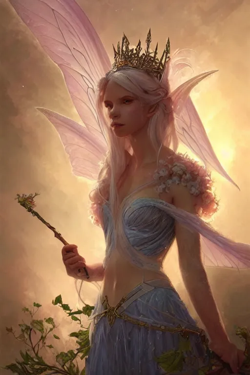 Image similar to fairy princess, highly detailed, d & d, fantasy, highly detailed, digital painting, trending on artstation, concept art, sharp focus, illustration, art by artgerm and greg rutkowski and magali villeneuve