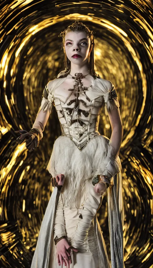 Image similar to dressed anya taylor - joy as senobith, symmetrical, cinematic, elegant, dark, real photography, costume made by clive barker, 4 k, ultra hd, sense of awe