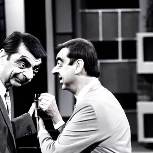 Prompt: mr. bean on the jerry springer show fighting with another guest. 3 5 mm film, movie still, tv show, talkshow
