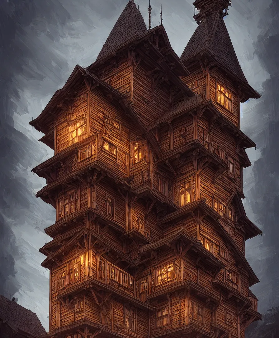 Prompt: slavic wooden architecture style tower, moody cinematic colors, realistic shaded, fine details, extremely hyperdetailed symmetrical, intricate 8 k, hdr, unreal engine 5, realistic shaded lighting poster by ilya kuvshinov, magali villeneuve, artgerm, jeremy lipkin and michael garmash and rob rey