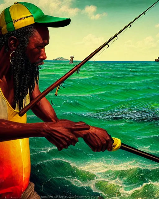 Image similar to Fisherman, Jamaican Male Fisherman, casting fishing rod into the sea, Illustration, Third-Person View, Depth of Field, Colorful with Yellow Green Black Red, insanely detailed and intricate, hypermaximalist, jamaican vibe, hyper realistic, super detailed, by Charlie Bowater, by Karol Bak