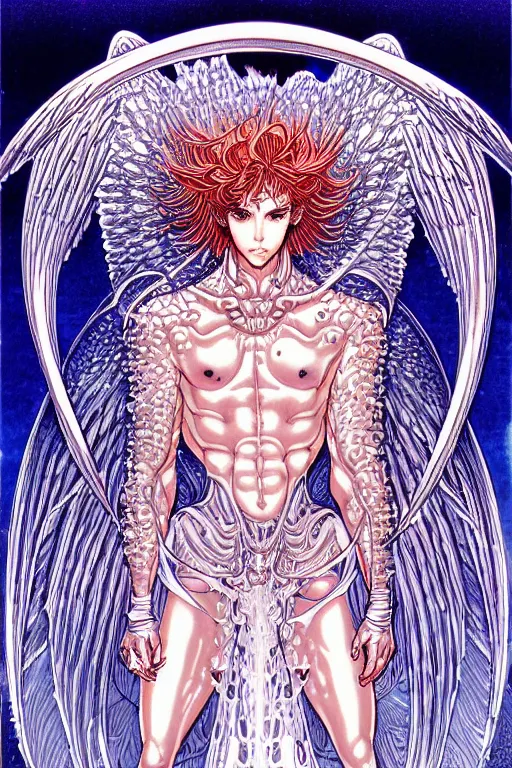 Image similar to illustration of a male angel encased in ice and crystals, intricate linework, in the style of moebius, ayami kojima, 1 9 9 0's anime, retro fantasy