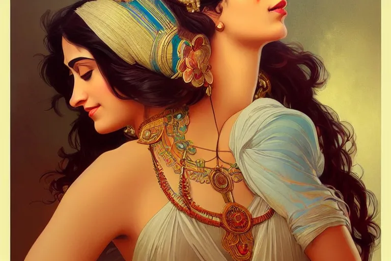 Image similar to sensual pale beautiful indian doctor in jeans, art deco portrait, elegant, intricate, digital painting, artstation, concept art, smooth, sharp focus, illustration, art by artgerm and greg rutkowski and alphonse mucha