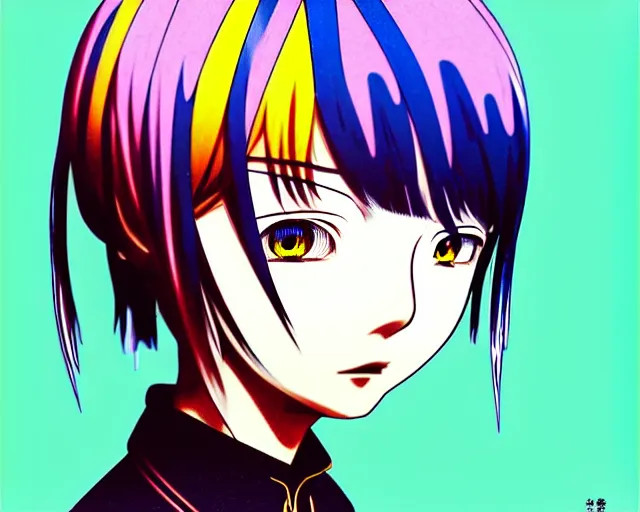 Image similar to takashi murakami, ilya kuvshinov illustration colorful anime portrait of reol, murata range, blue submarine no 6, manga, fine detail, perfect anime face, dramatic lighting, dynamic composition, moody, vivid, alphonse mucha, fine stippled lighting, grain, art deco, cel shading, yoshinari yoh, last exile