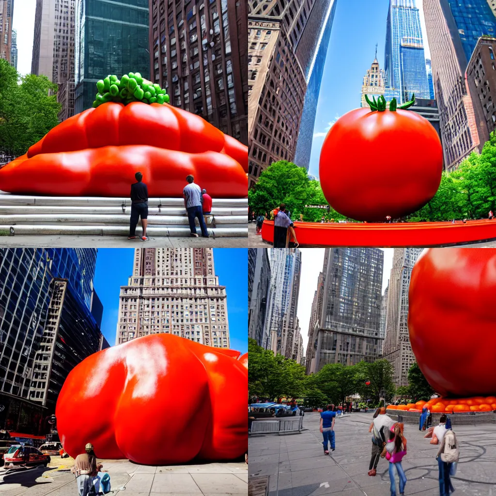 Image similar to a photograph of a gigantic extremely big tomato statue, in the middle of new york, shot with premium dslr camera