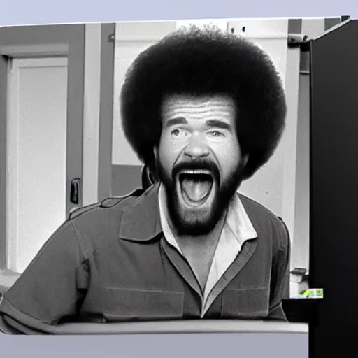 Image similar to bob ross screaming security camera