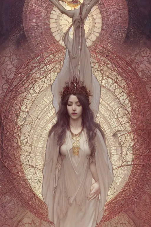 Image similar to a full body portrait of a beautiful ethereal delicate arborial mage queen meditative sacral pose catholic stages of the cross, intricate, elegant, highly detailed, digital painting, artstation, concept art, smooth, sharp focus, illustration, art by krenz cushart and artem demura and alphonse mucha