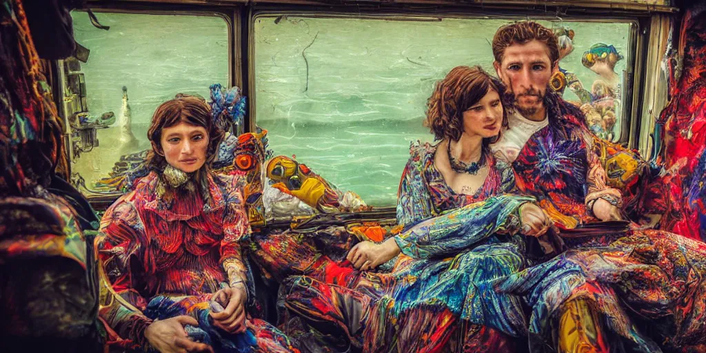 Image similar to detailed colourful masterpiece of photography couple portrait sat down extreme closeup, inside a beautiful underwater train, detailed realistic expressions, wearing unusual clothes, by ford maddox brown