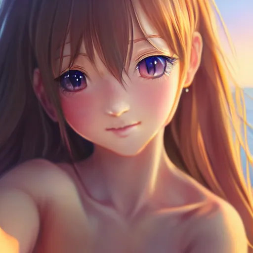 Image similar to beautiful serene intricate very detailed portrait of a realistic anime girl taking a selfie smiling softly, relaxing on the beach, golden hour, soft focus, 8 k, art by irakli nadar, hyperrealism, hyperdetailed, ultra realistic