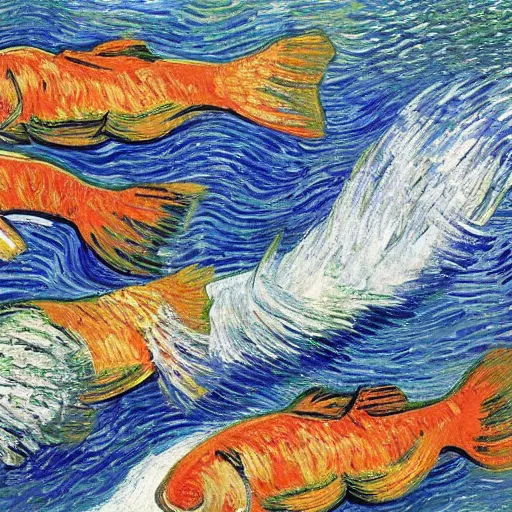 Image similar to salmon jumping out of the river on a sunny day. by van gogh.