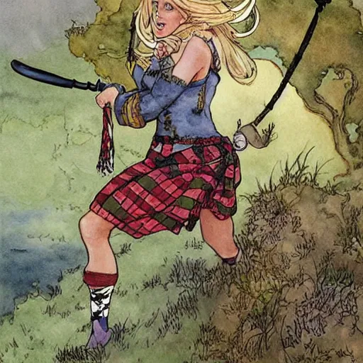 Image similar to a realistic and atmospheric watercolour fantasy concept art of britney spears dressed with scottish clothes and with bagpipe, muted colors. by rebecca guay, michael kaluta, charles vess and jean moebius giraud,