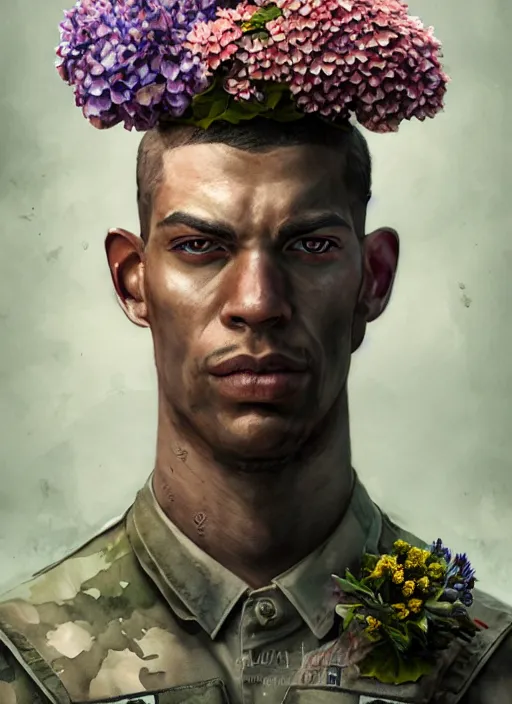 Prompt: handmade character portrait of a serious american soldier man, flowers growing on his face and body, amaratyllis, hydrangea, chrysanthemum, hyacinth, in the style of artgerm and enki bilal and bastien lecouffe - deharme, wlop, line art, watercolor, cinematic lighting, hyperdetailed, hyperrealistic