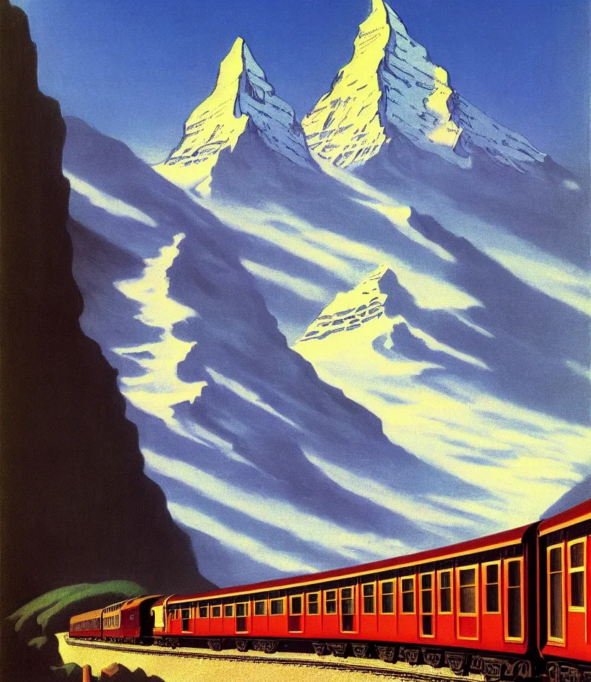 Image similar to an achingly beautiful print of a train in front of the matterhorn by raphael, hopper, and rene magritte. detailed, golden ratio, romantic, enchanting, trending on artstation