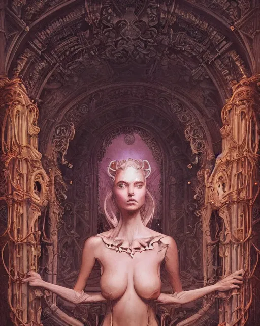 Prompt: a beautiful detailed front view portrait of a dead rotten princess growing ornate baroque, ornamentation, elegant, beautifully soft lit, by wayne barlowe, peter mohrbacher, kelly mckernan