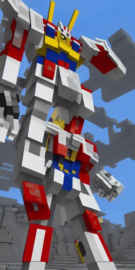 Image similar to 100 meter tall gundam built in Minecraft