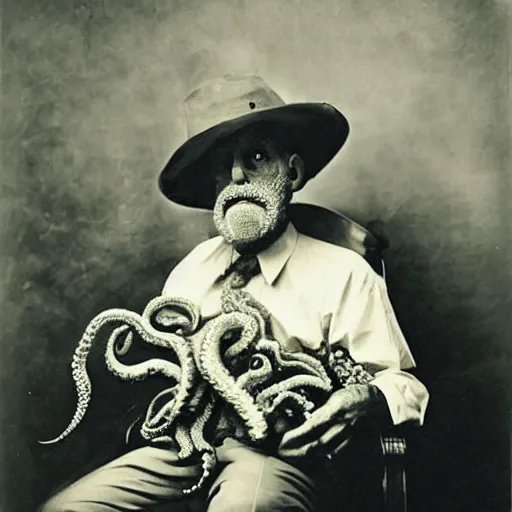 Image similar to spooky old man with an octopus on his lap, vintage photograph, atmospheric