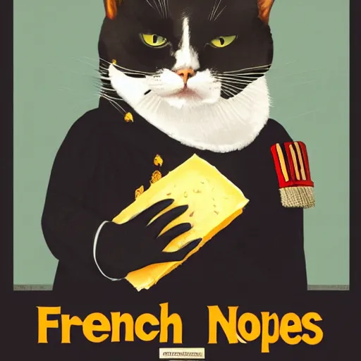 Image similar to a propaganda poster depicting a cat dressed as french emperor napoleon holding a piece of cheese, trending on artstation