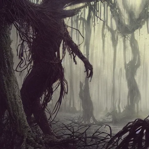 Image similar to swamp with a rotten stem formed like nick nolte at dusk, misty athmosphere, ultra realistic, concept art, intricate details, eerie, highly detailed, photorealistic, octane render, 8 k, unreal engine. art by ed binkley and ellen jewett and artgerm and greg rutkowski and alphonse mucha