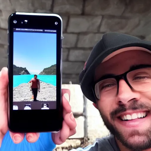 Image similar to happy man takes an instagram selfie using the front camera of an iphone 12 pro max highly detailed 4k quality