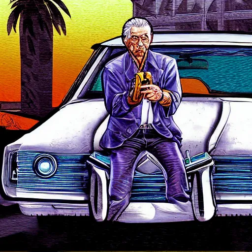 Image similar to highly detailed old man in car holding gun gta vice city art,, fantasy art by stephen bliss