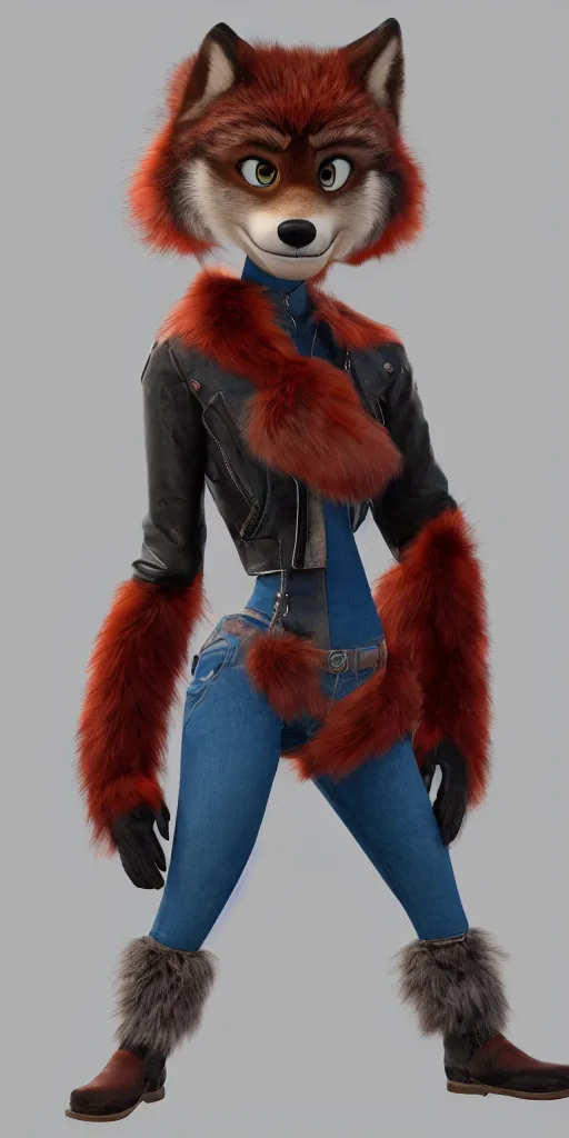 Prompt: upper body portrait, anthropomorphic female wolf with red fur, wearing a black leather jacket and denim pants, detailed, unreal engine 5, artstation, in the style of zootopia