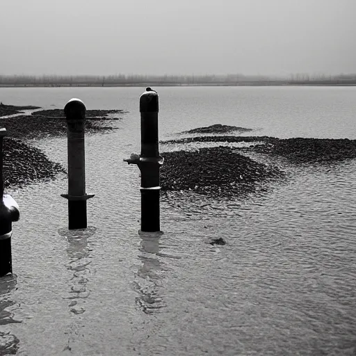 Prompt: a crowd of office workers buried in oil and crossed by rusty pipes in a glowing lake of the end of the world