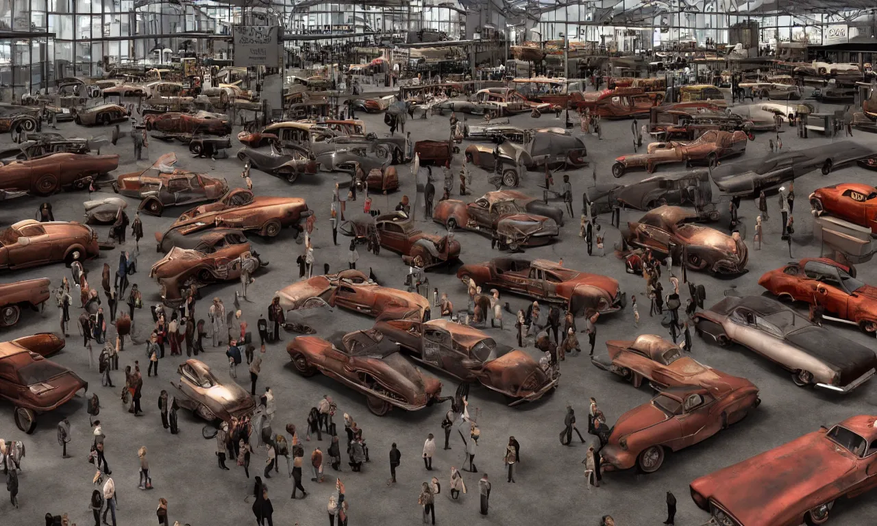 Image similar to exhibition hall full of rusty old restomods cars, plants and observing crowd people, postapo style, high detail, volumetric lighting, from new movie by digital domain and weta digital, strong ambient occlusion