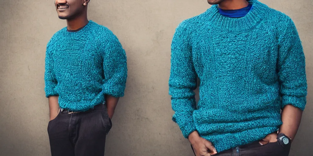 Image similar to Male, Male, Male, Male, Male, short hair, blue hair, dark skin, teal sweater, wavy hair, photograph, hd,