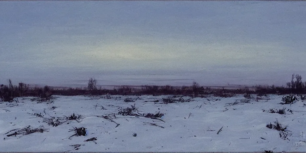 Prompt: a calm WW2 battlefield at night, Eastern Front, stars, wintertime, trenches, snow, wide open steppe, painting by Isaac Levitan