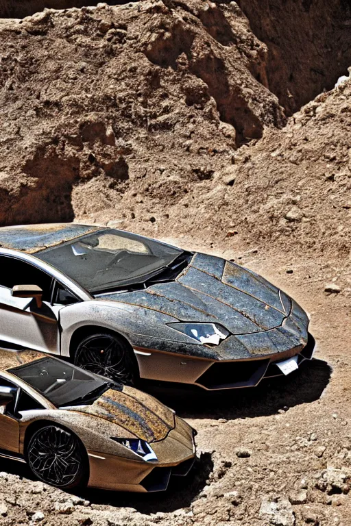 Prompt: Fossilized Lamborghini Aventador found in ancient archeological dig, national geographic photo.