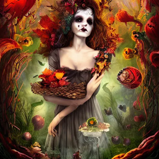 Prompt: Hell and heaven, captured in bottles, a heart full of envy, The Autumn Plague Gardener, the theme of Alice in Wonderland, digital painting, its softness partakes of fluidity, illustration, deep dark, artstation, intricate, biodiversity in a world of change and constancy, ue5, by deiv calviz and bossmonsterbani