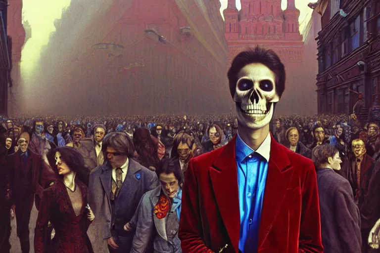 Image similar to realistic detailed photorealistic film portrait shot of a single skeleton wearing crimson velvet blazer in a crowded futuristic moscow street by Denis Villeneuve, Amano, Yves Tanguy, Alphonse Mucha, Ernst Haeckel, Andrei Tarkovsky, Edward Robert Hughes, Roger Dean, rich moody colours, wide angle, blue eyes