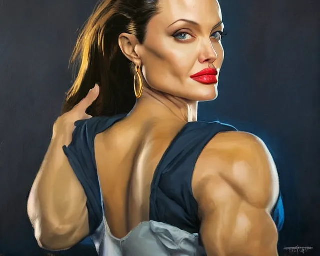 Image similar to greg manchess portrait painting of angelina jolie as beautiful thick female bodybuilder zarya from overwatch, medium shot, asymmetrical, profile picture, organic painting, sunny day, matte painting, bold shapes, hard edges, street art, trending on artstation, by huang guangjian and gil elvgren and sachin teng