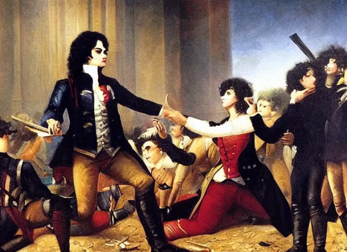 Prompt: romanticism painting of michael jackson during the french revolution