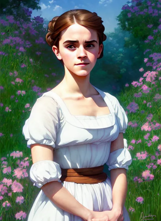 Image similar to cute milkmaid emma watson, natural lighting, path traced, highly detailed, high quality, digital painting, by don bluth and ross tran and studio ghibli and alphonse mucha, artgerm